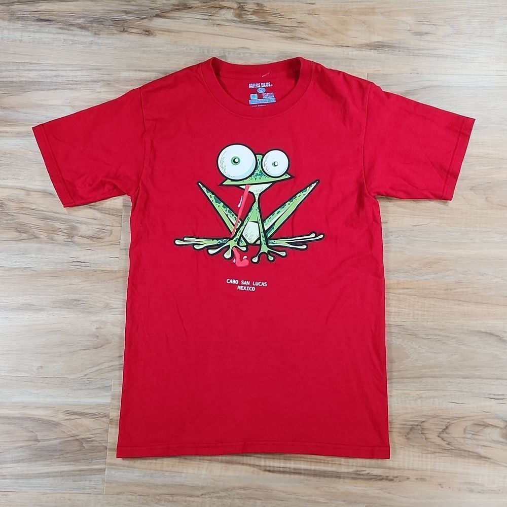 💜Red w/Green Frog Cabo San Lucas Graphic Print Short Sleeve Top Youth Small